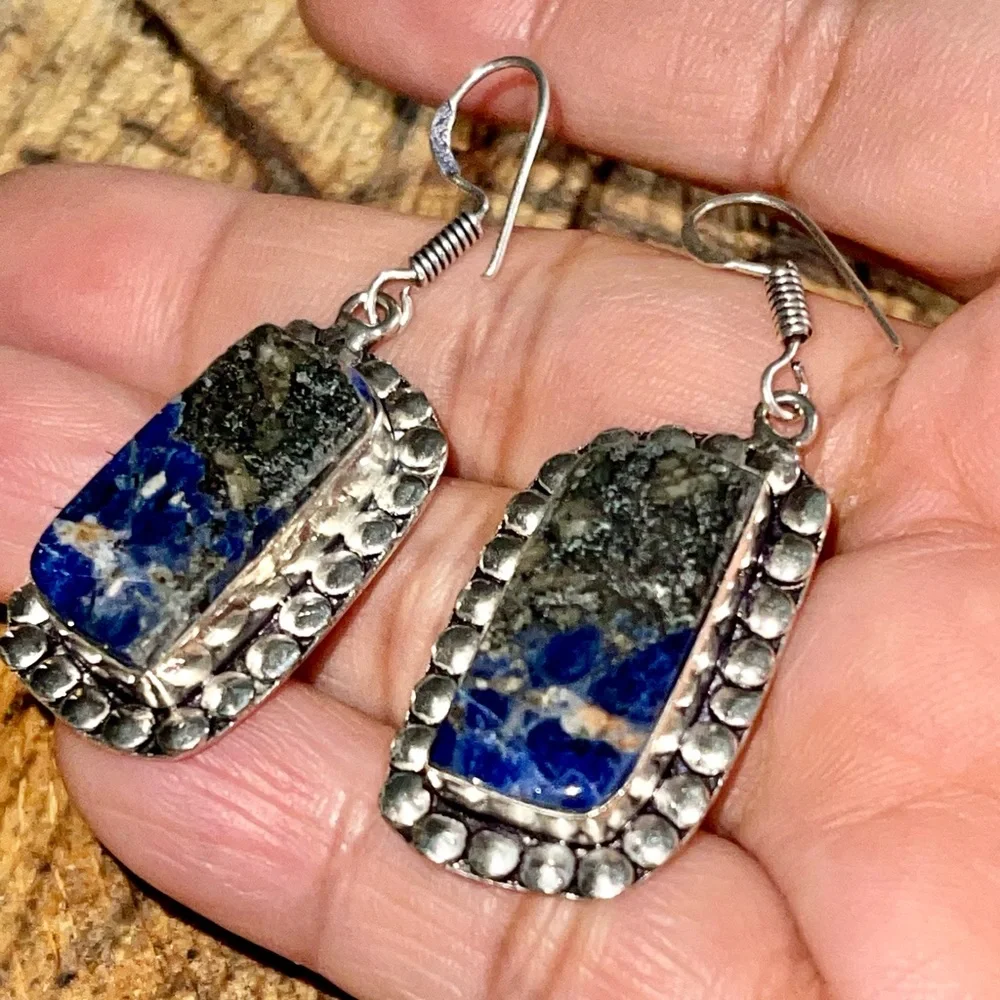 Navy Sodalite with Pyrite Earrings 1 1/2” - Picture 8 of 11